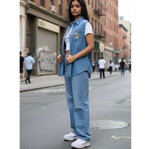 Vintage Disney Winnie the Pooh Bear denim sleeveless button embroidered L large - Picture 12 of 15